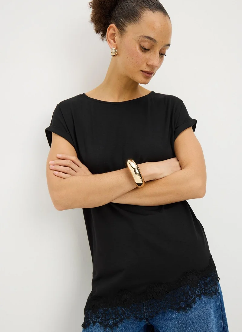 Matalan Black Asymmetric Lace Trim T-Shirt